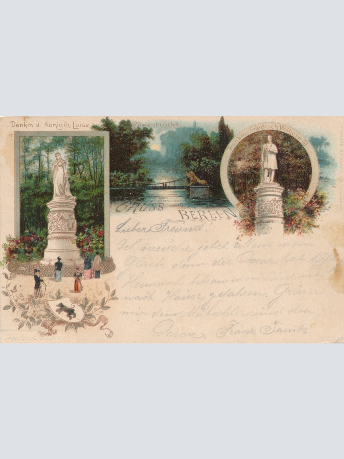 Litho - Karte gruss aus Berlin mit Königin Luise Denkmal Ansichtskarte (9349)