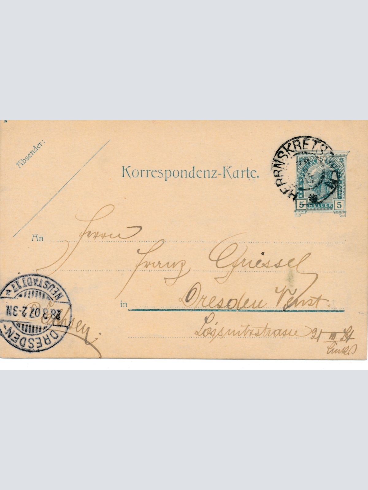 5 Heller Ganzsachen - Karte 1907 aus Herrnskretschen (9980)