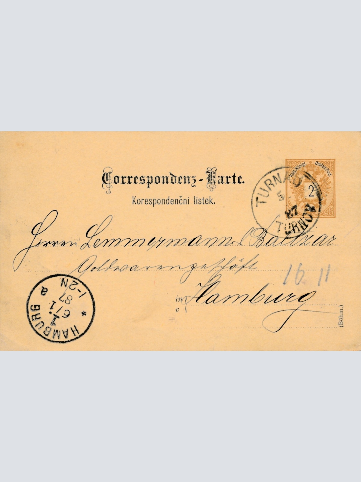 2 Kreuzer Ganzsachen - Karte 1887 aus Turnov (9981)