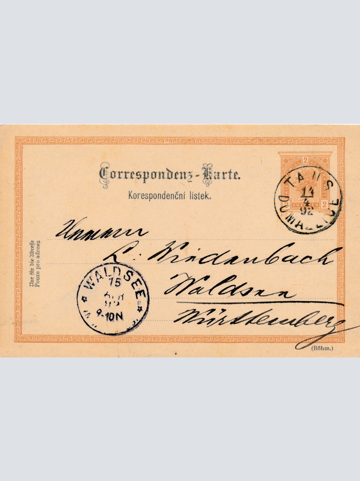 2 Kreuzer Ganzsachen - Karte 1892 aus Taus (9985)