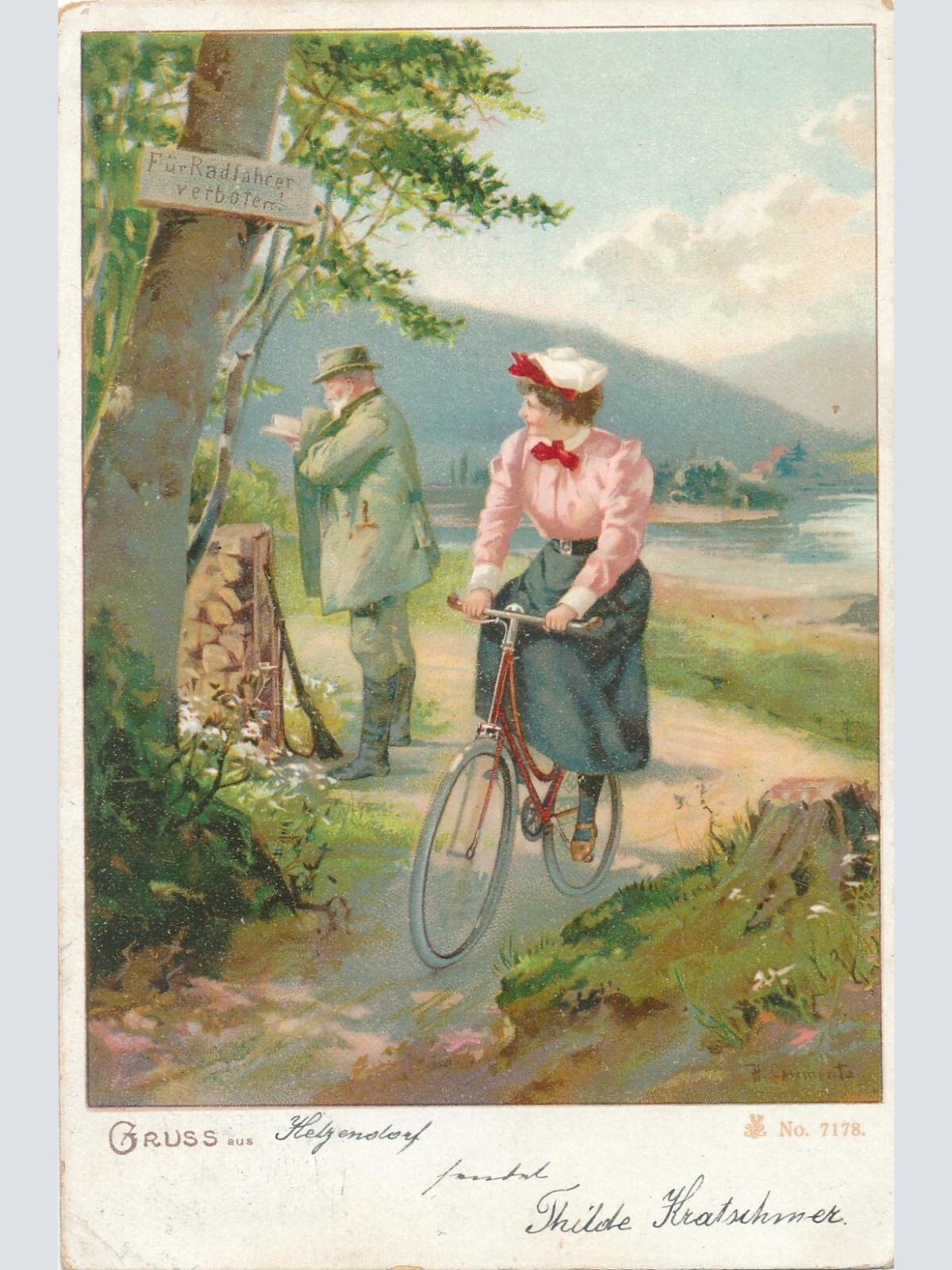 Motiv - Karte Frau mit Fahrrad - Radfahrer verboten - Ansichtskarte (10201)