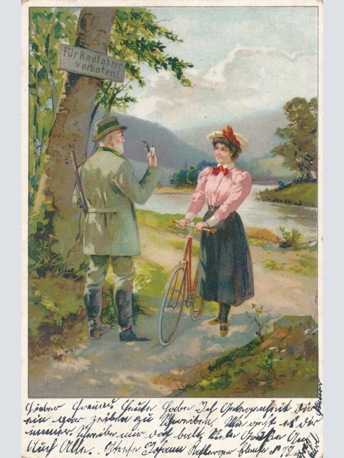 Motiv - Karte Frau mit Fahrrad - Radfahrer verboten - Ansichtskarte (10202)
