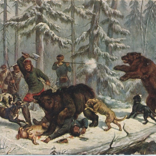 Motiv - Karte von einer Jagt mit Hunden und Bären Ansichtskarte (10045)