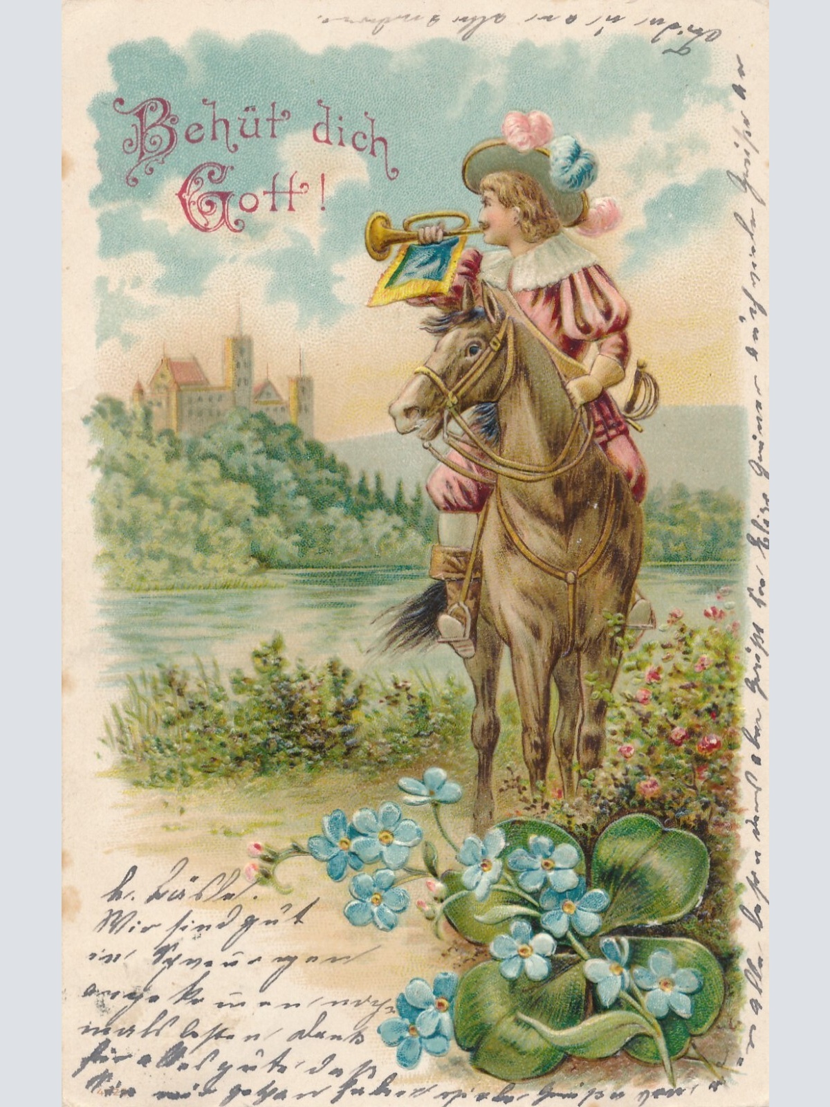 Präge - Litho - Karte Behüt dich Gott Mann auf Pferd Ansichtskarte (8637)