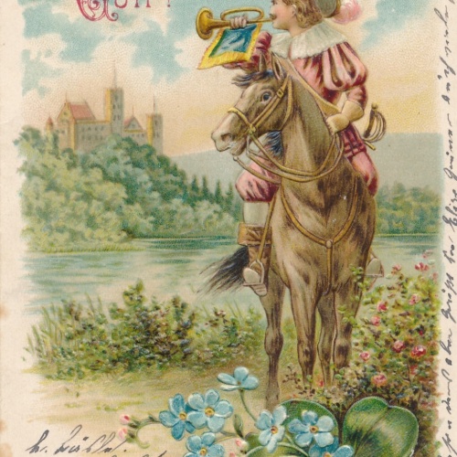 Präge - Litho - Karte Behüt dich Gott Mann auf Pferd Ansichtskarte (8637)