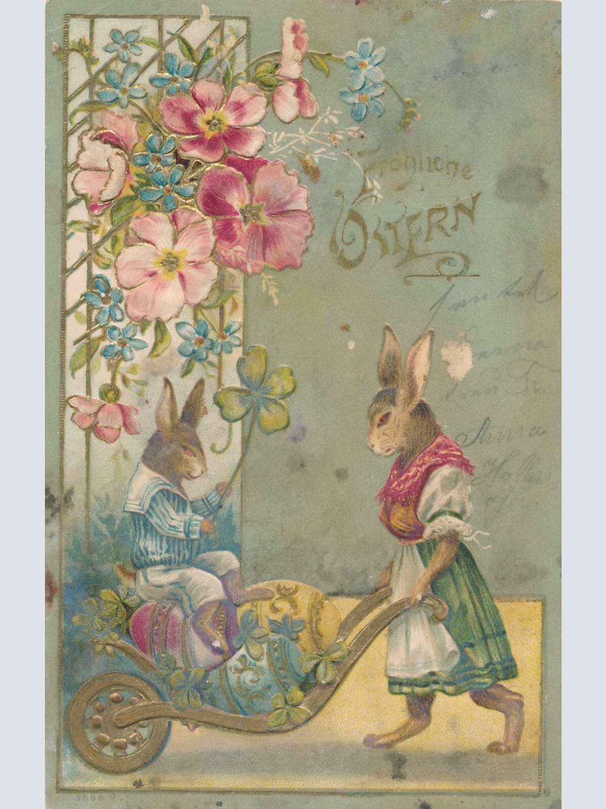 Litho - Präge - Karte Fröhliche Ostern mit Hasen Ansichtskarte (8635)