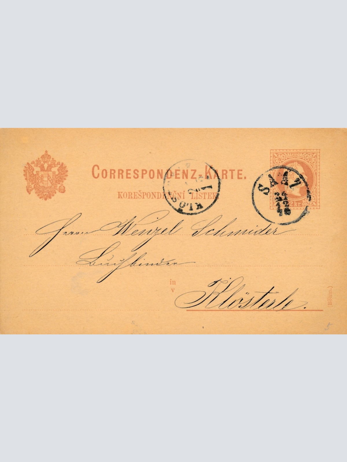 2 Kreuzer - Ganzsachen - Karte 1876 aus Saaz (10148)