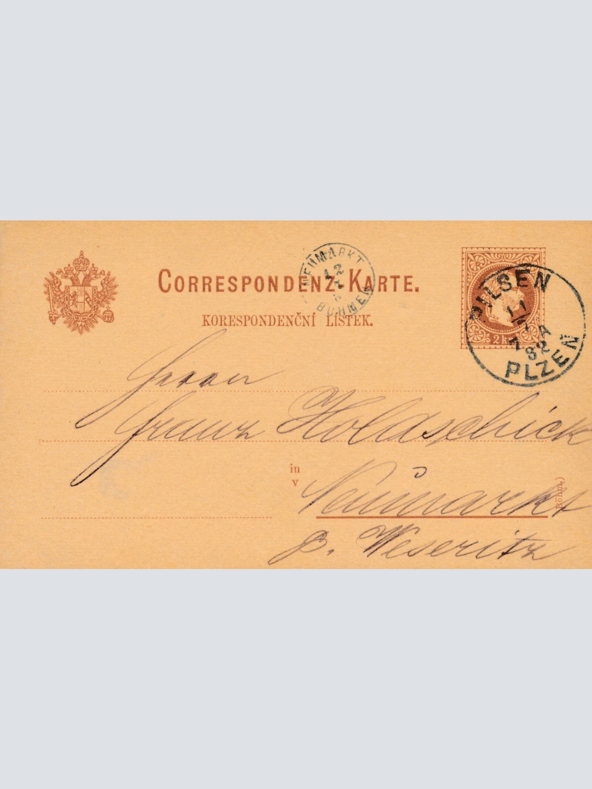 2 Kreuzer - Ganzsachen - Karte 1882 aus Pilsen (10098)
