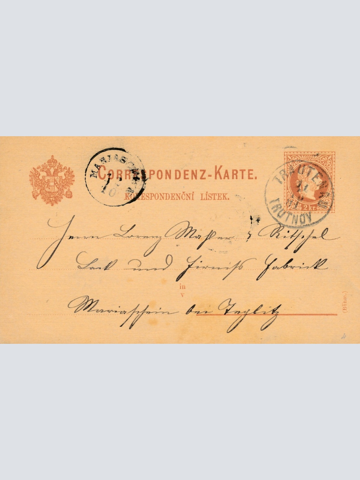 2 Kreuzer - Ganzsachen - Karte 1881 aus Trautenau (10121)