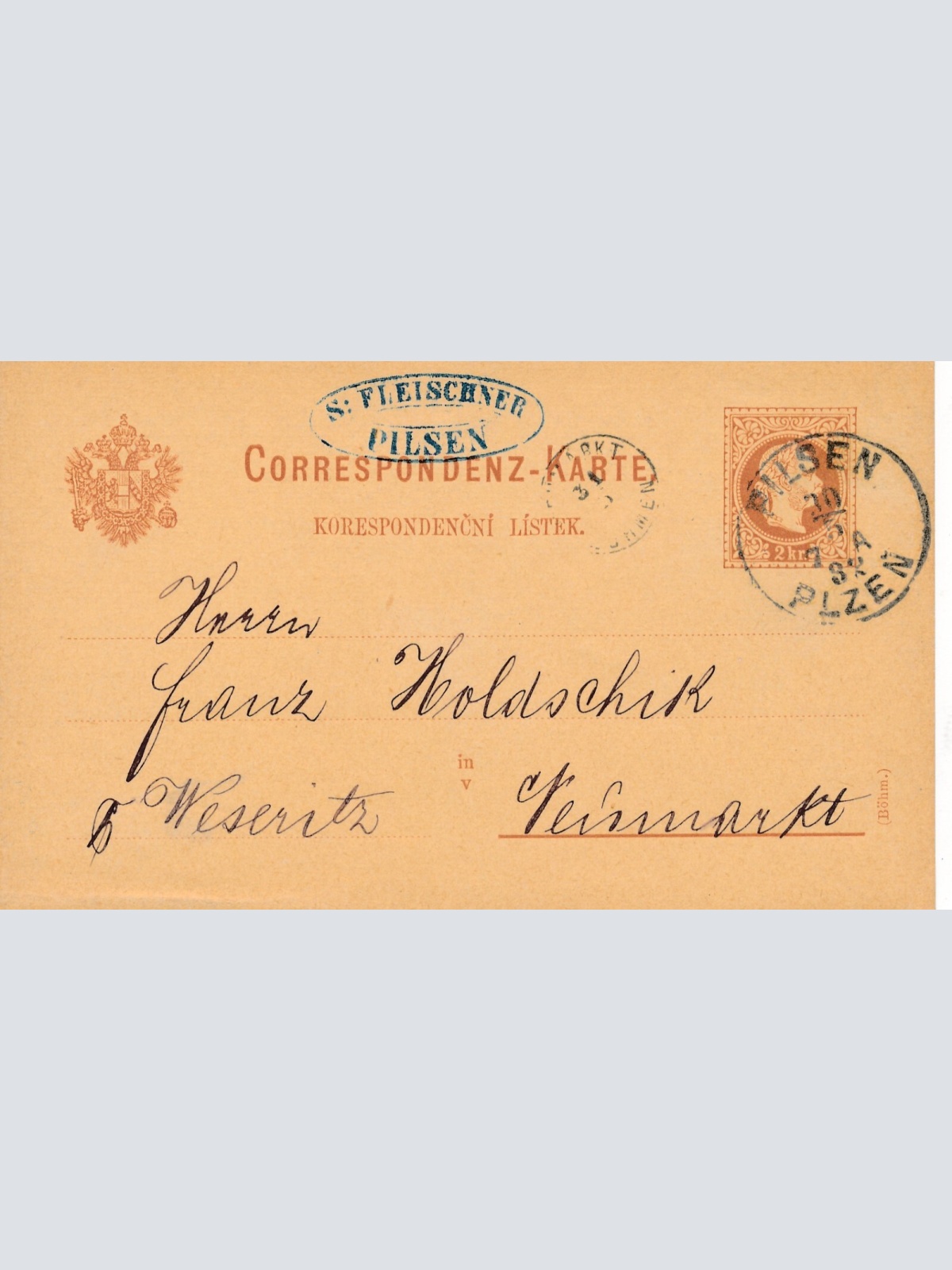 2 Kreuzer - Ganzsachen - Karte 1882 aus Pilsen - Pilzen (10112)