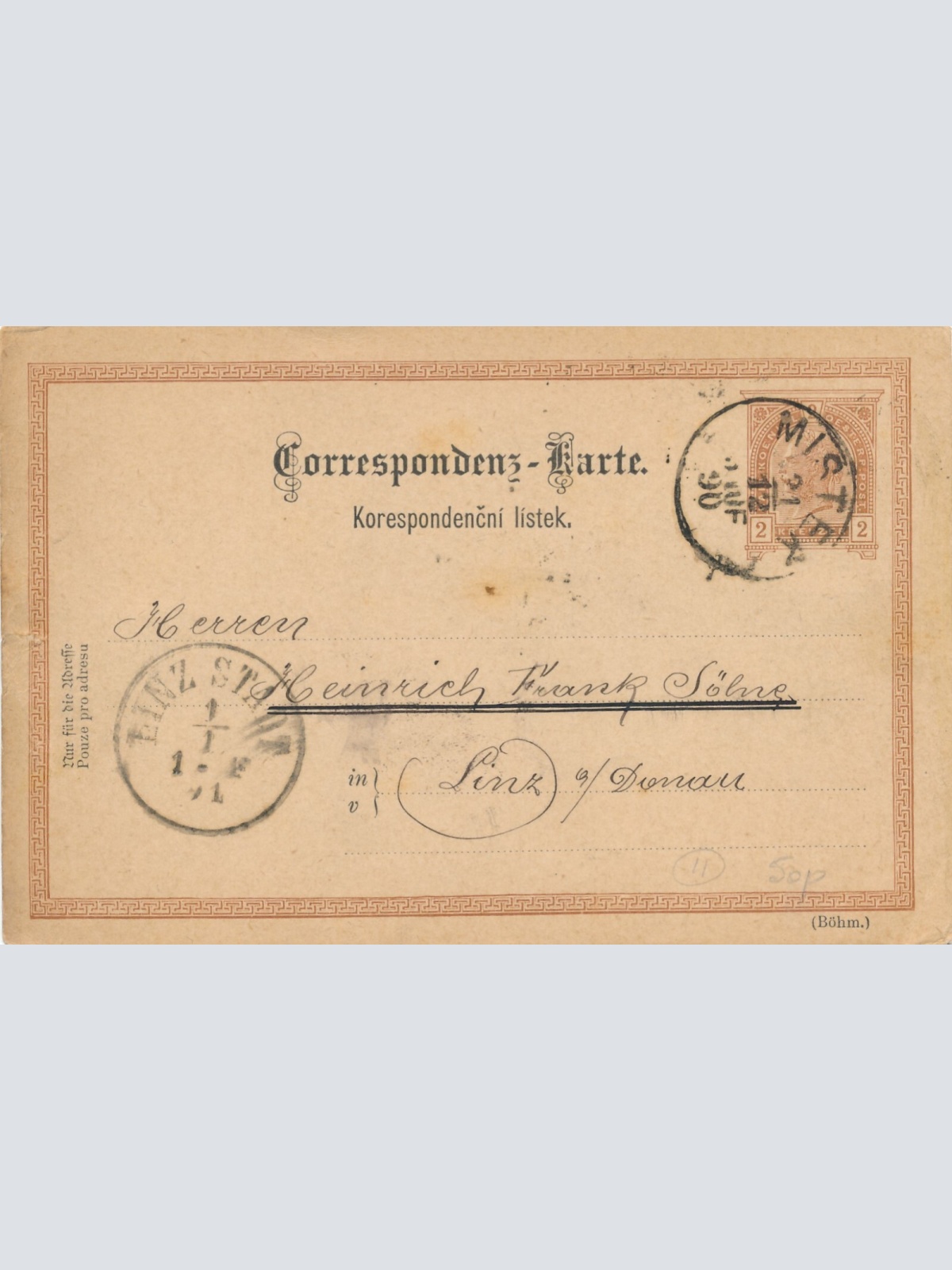 2 Kreuzer Ganzsachen - Karte (Böhm) 1890 aus Mistek (10531)