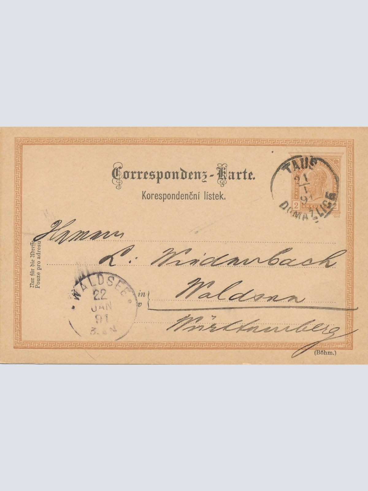 2 Kreuzer Ganzsachen - Karte 1891 aus Taus Domazlice (10518)