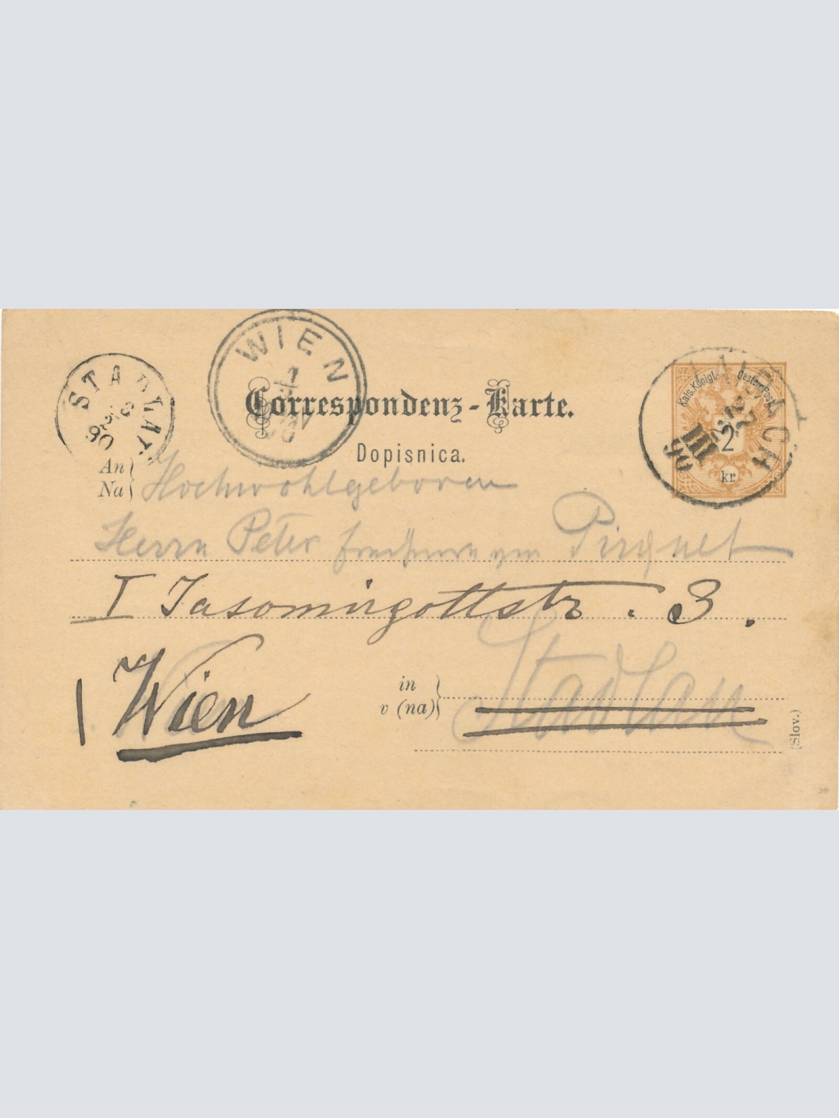 2 Kreuzer Ganzsachen - Karte (Slov) 1890 aus Laibach (10545)