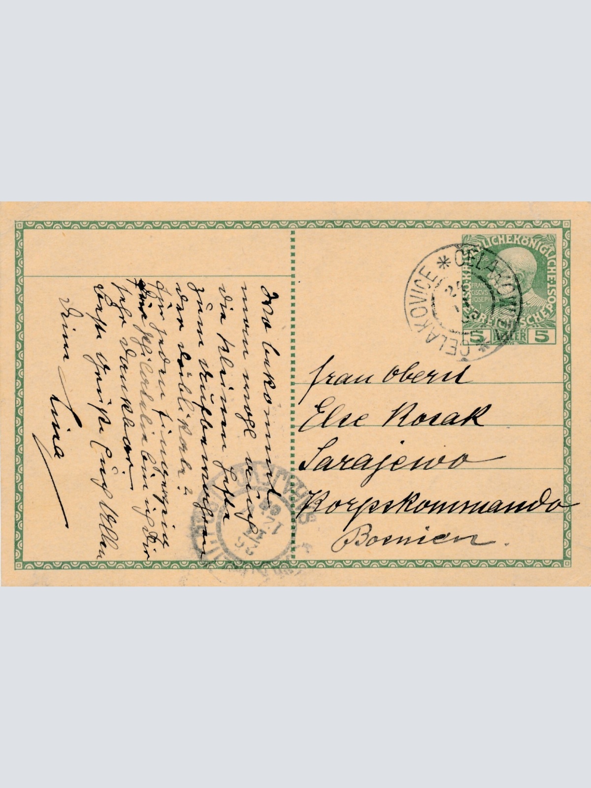 5 Heller Ganzsachen - Karte 1908 aus Celakovice (10550)