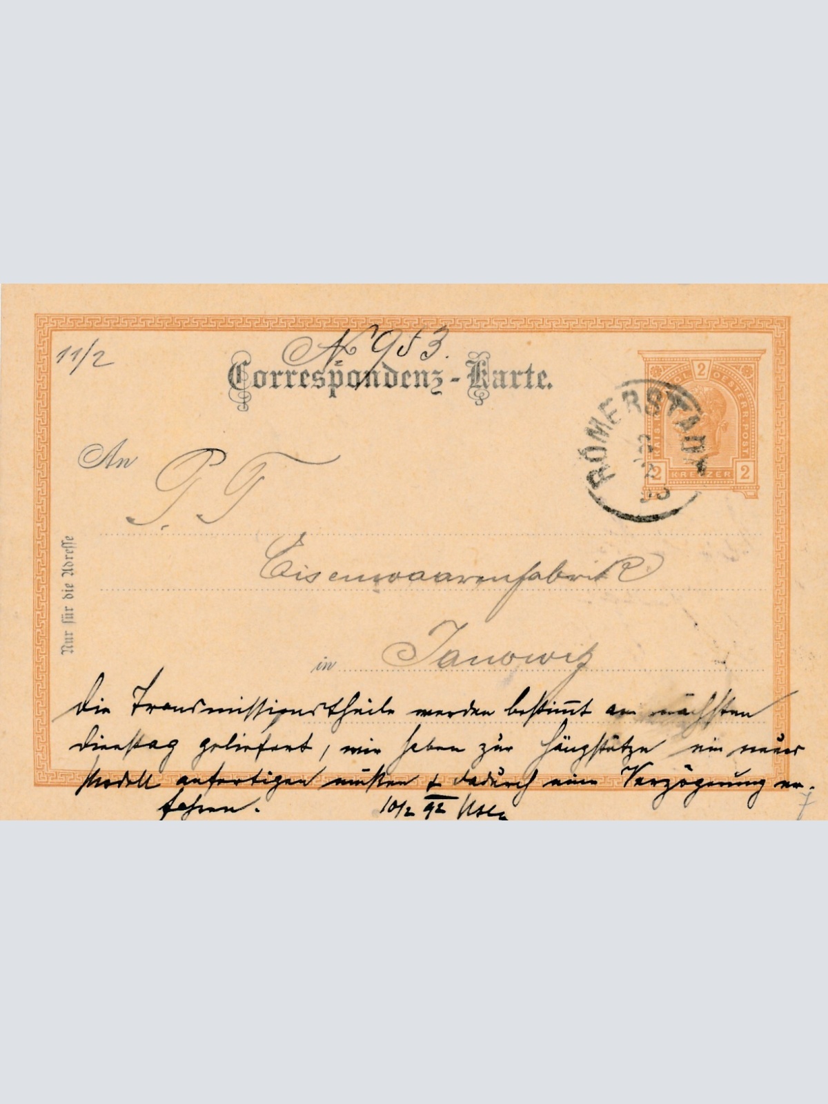 2 Kreuzer - Ganzsachen - Karte 1893 aus Römerstadt (10689)