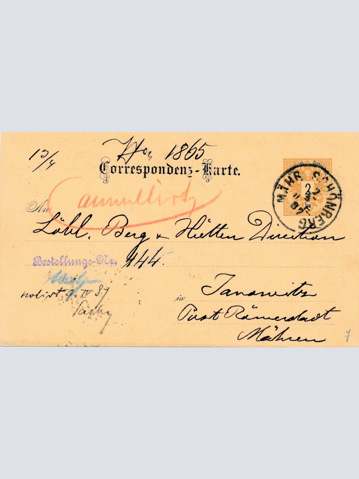 2 Kreuzer - Ganzsachen - Karte 1887 aus Mähr Schönberg (10704)