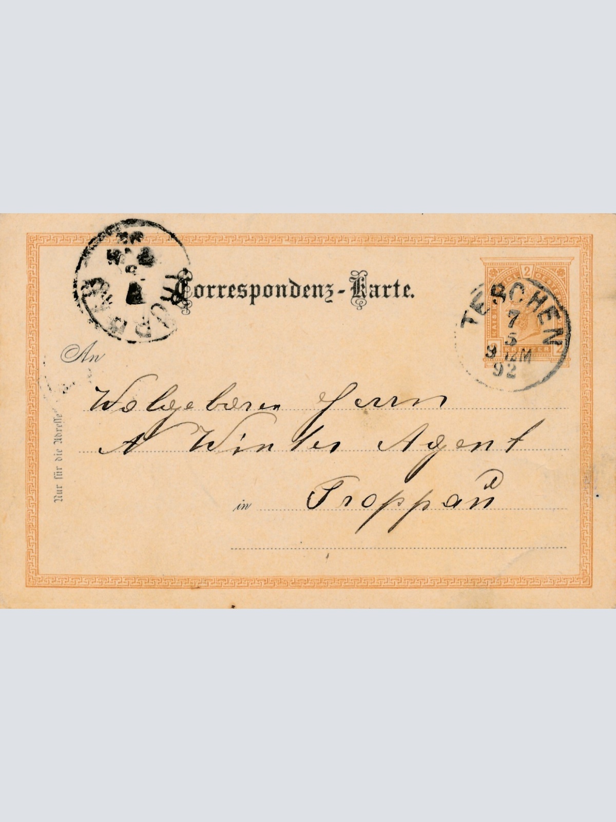 2 Kreuzer - Ganzsachen - Karte 1892 aus Teschen (10695)