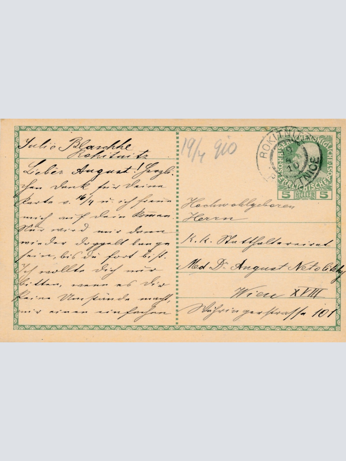 5 Heller - Ganzsachen - Karte 19010 aus Rockitnitz  (10652)