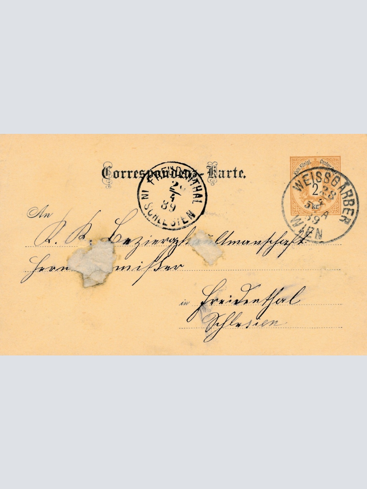 2 Kreuzer - Ganzsachen - Karte 1889 aus Wien Weissgräber (10680)