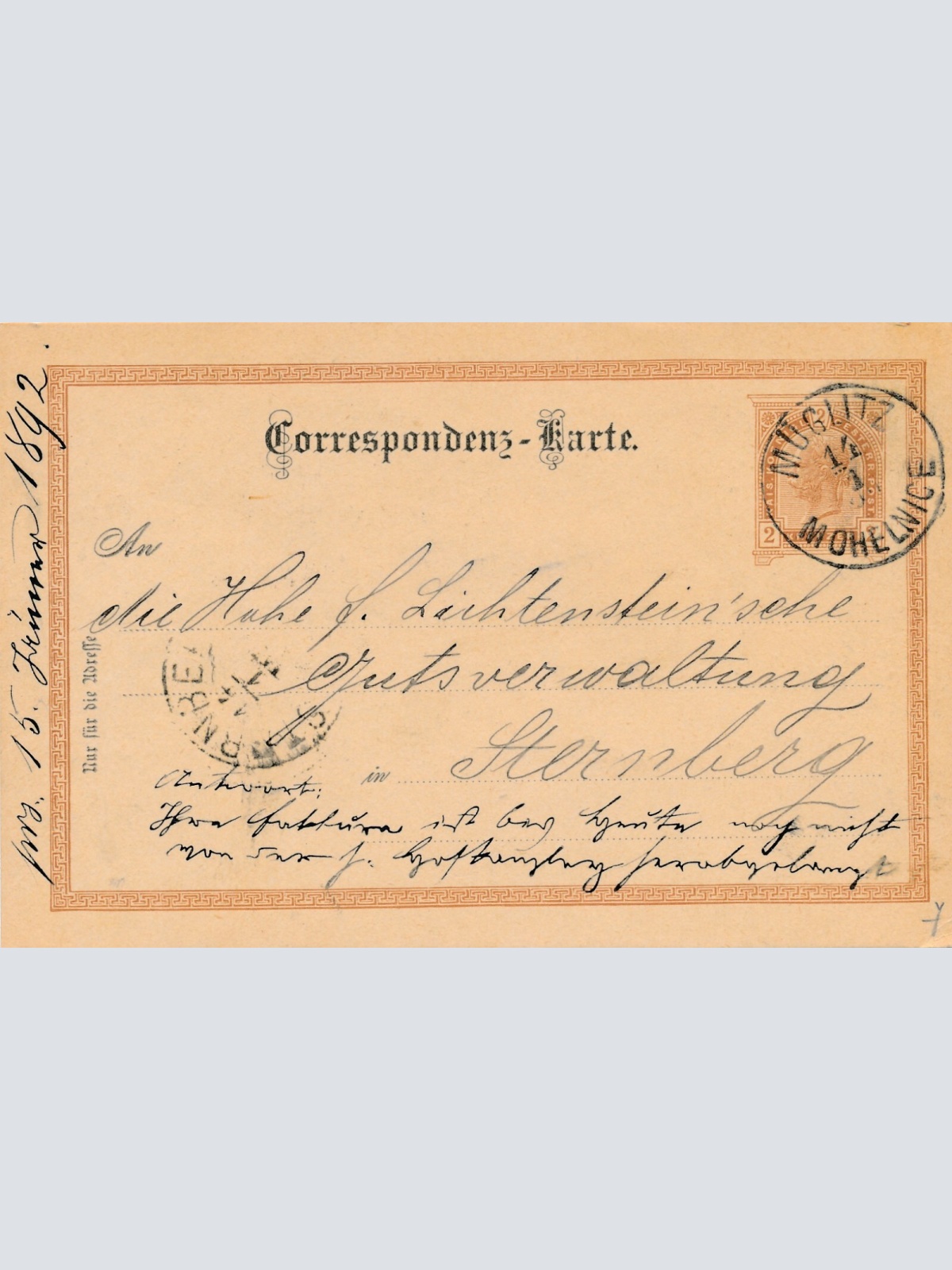 2 Kreuzer - Ganzsachen - Karte 1892 aus Müglitz (10671)