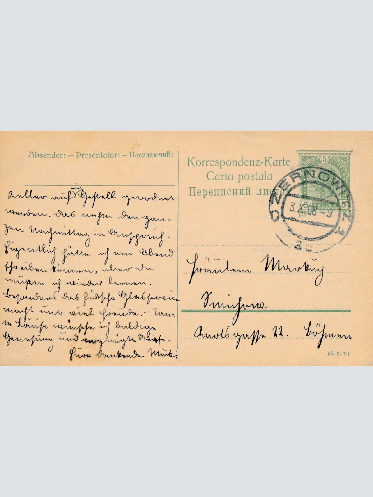 5 Heller Ganzsachen - Karte 1908 aus Czernowitz (10455)