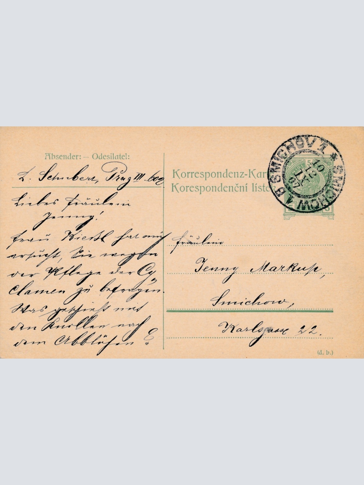 5 Heller Ganzsachen - Karte 1907 aus Smichov (10458)