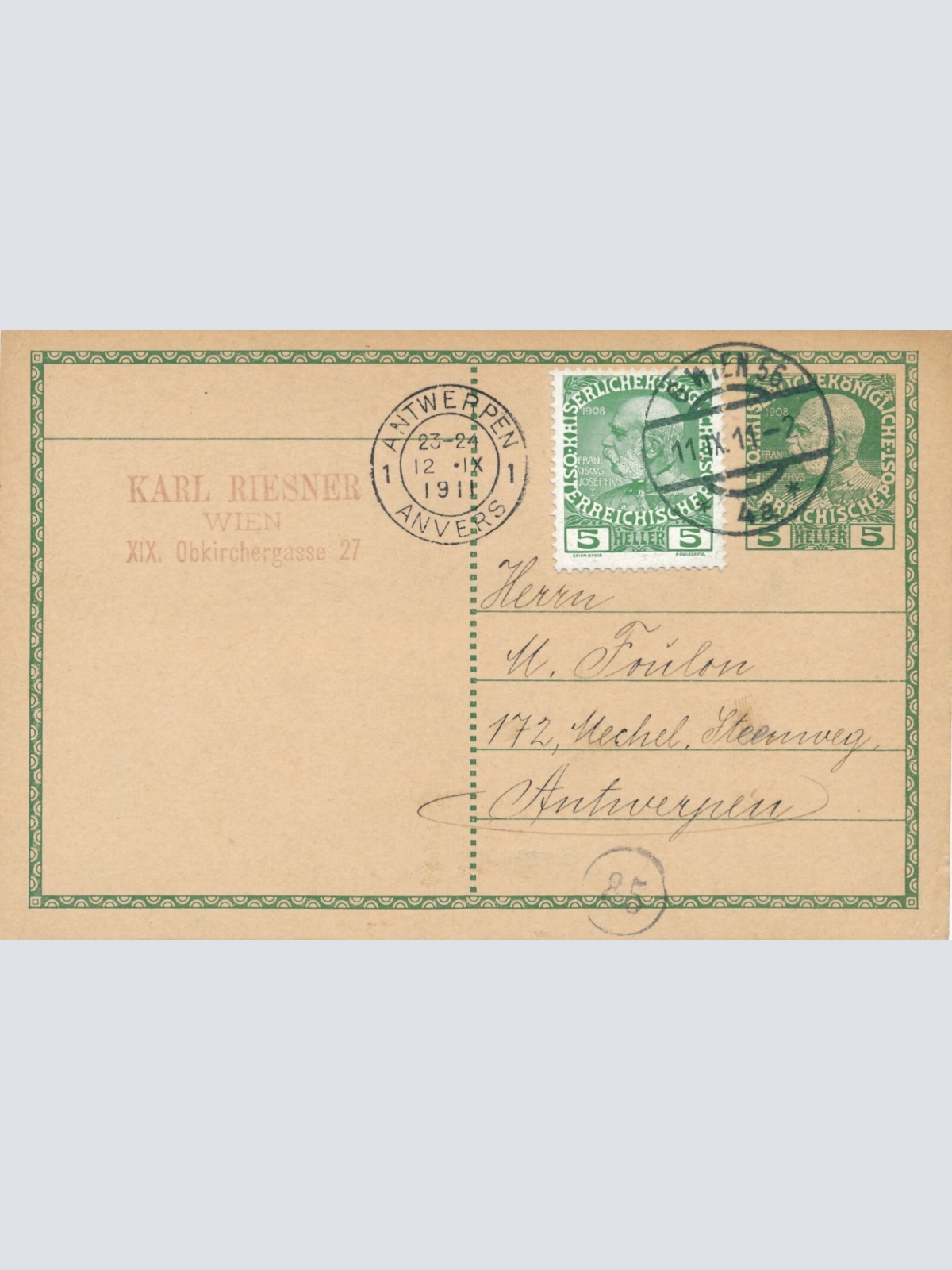 5 Heller Ganzsachen - Karte 1911 aus Wien nach Antwerpen + 5 heller ZF (10459)