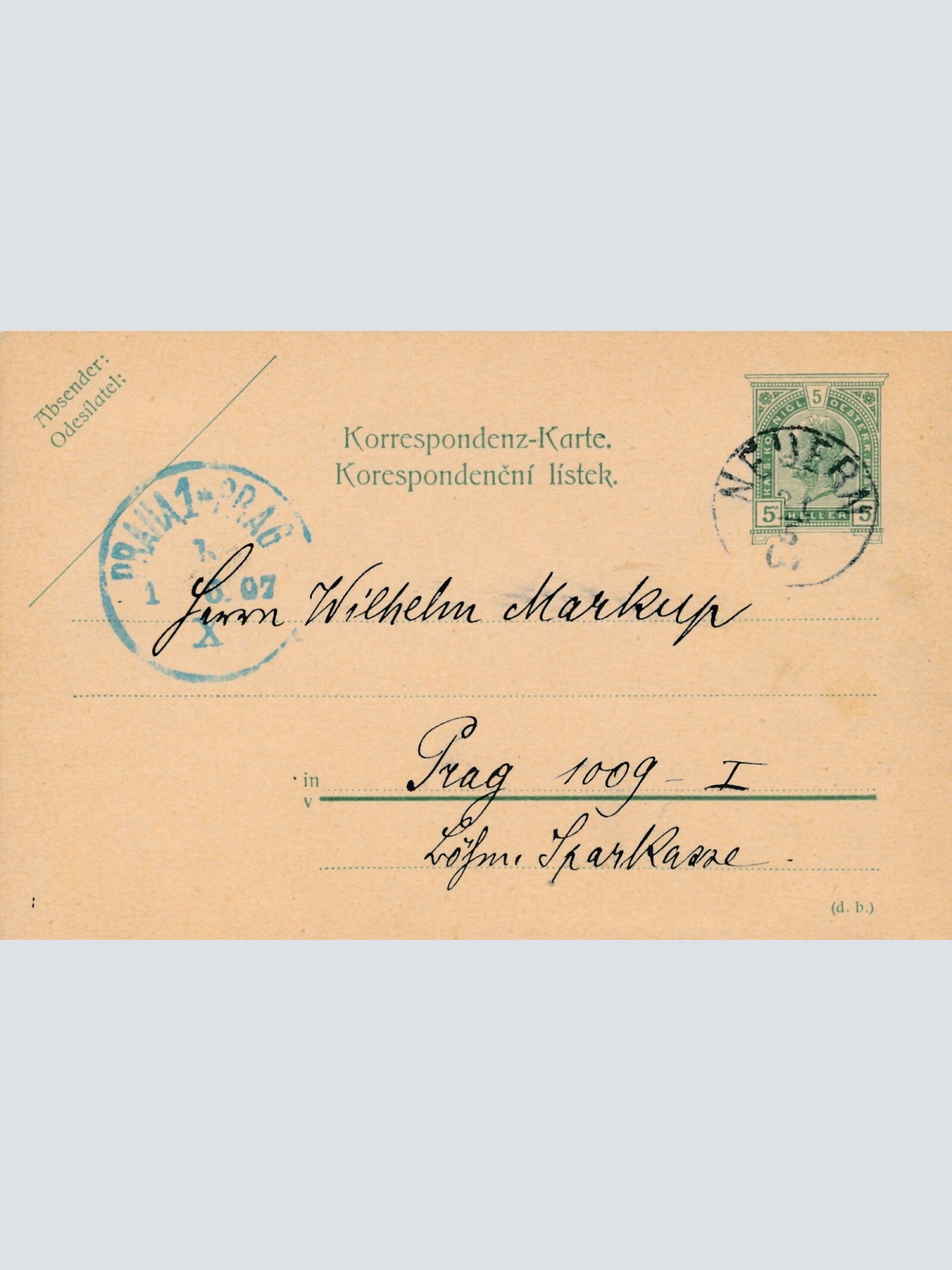 5 Heller Ganzsachen - Karte 1907 aus Neuern (10454)