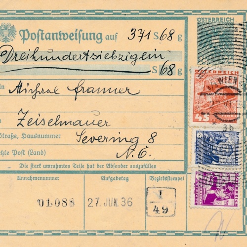 24 Gr. Postanweisung 1936 aus Wien nach Zeiselmauer + Trachten Marken (10439)