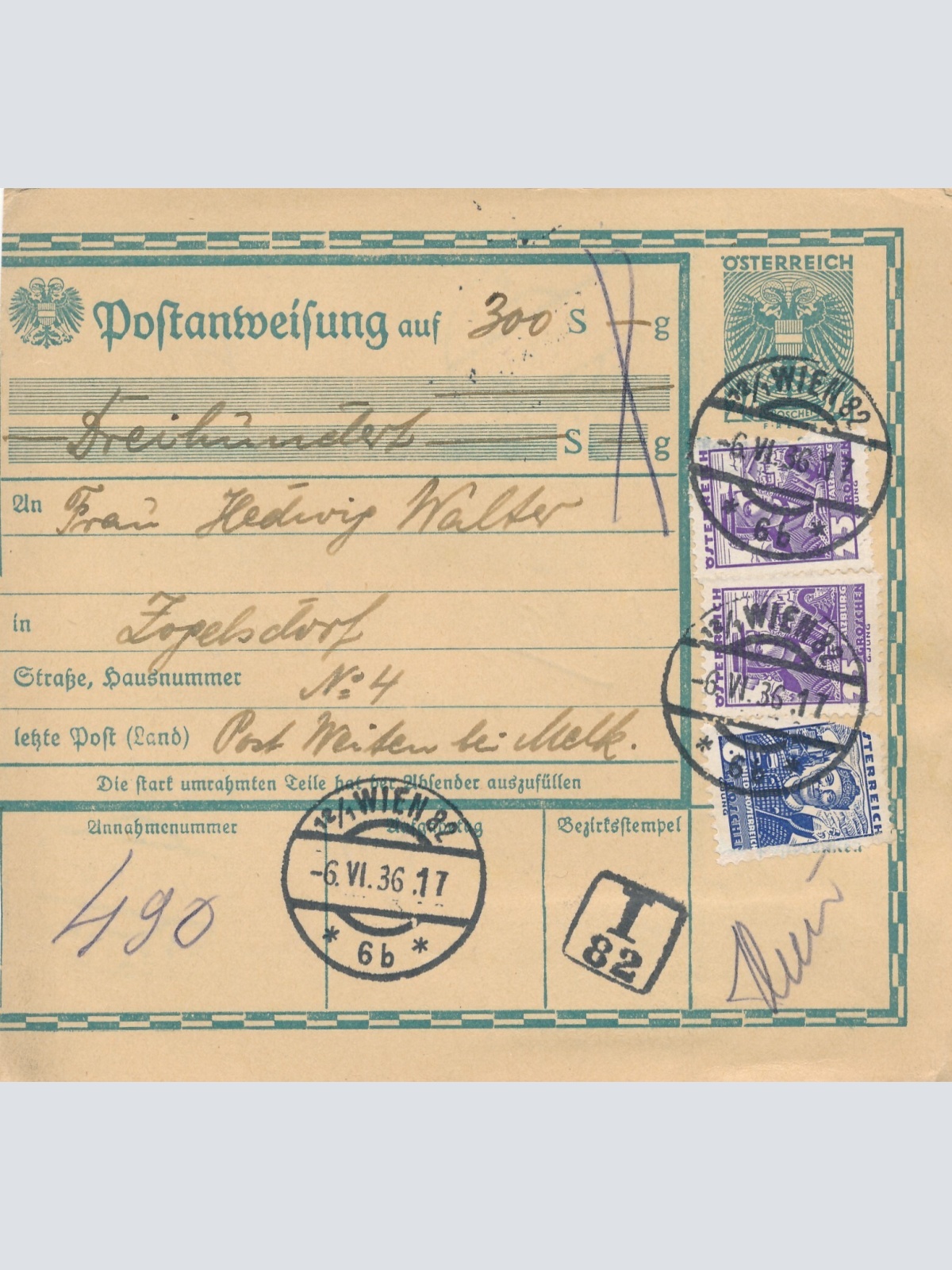 24 Gr. Postanweisung 1936 aus Wien nach Weiten + Trachten Marken (10414)