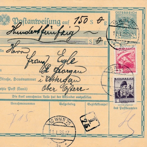 24 Gr. Postanweisung 1936 aus Wien nach St. Georgen + Trachten Marken (10415)