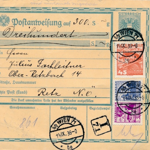 24 Gr. Postanweisung 1936 aus Wien nach Retz + Trachten Marken (10418)