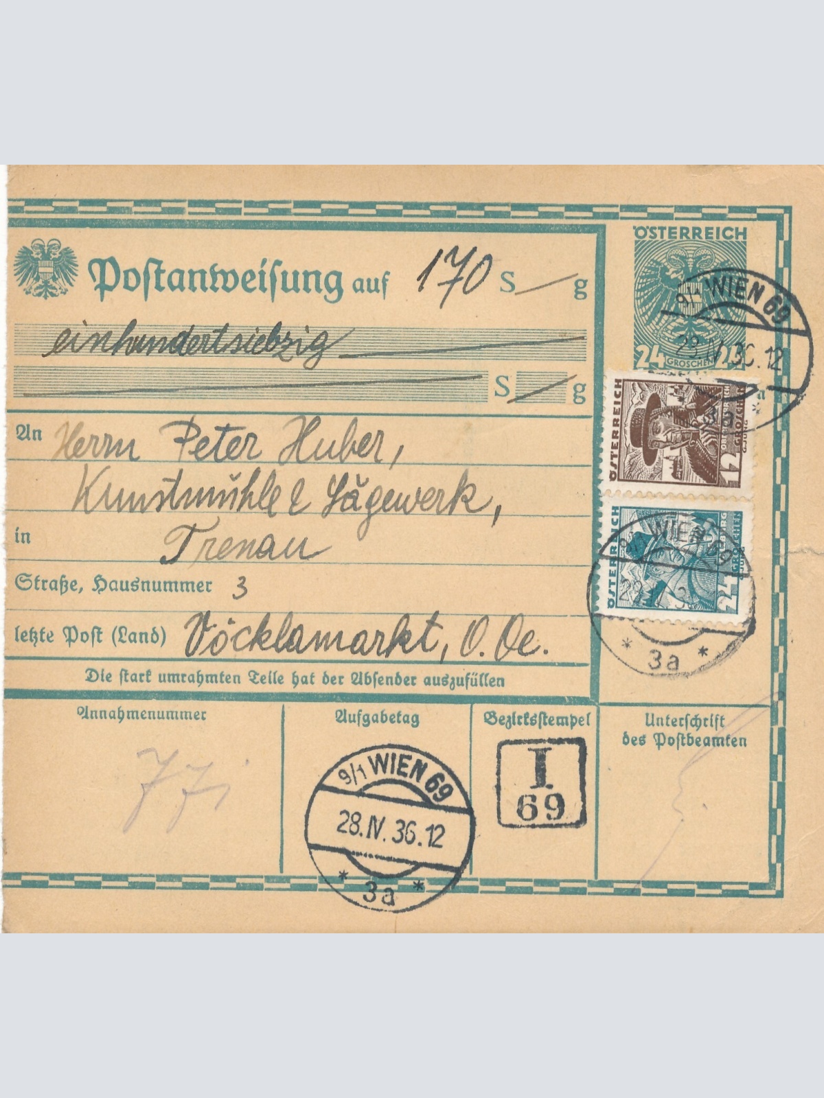 24 Gr. Postanweisung 1936 aus Wien nach Vöcklamarkt + Trachten Marken (10419)