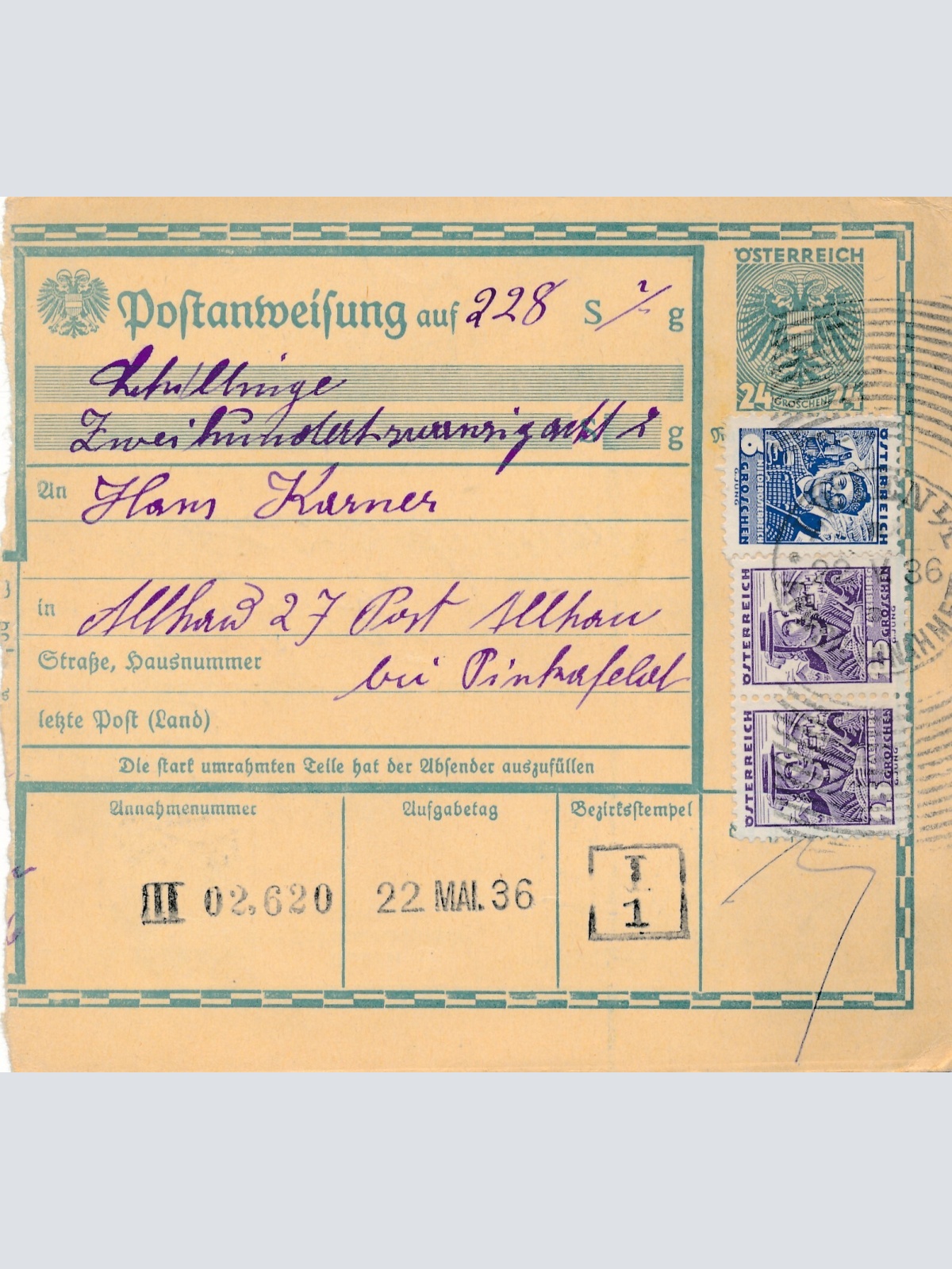 24 Gr. Postanweisung 1936 aus Wien nach Markt Allhau + Trachten Marken (10422)