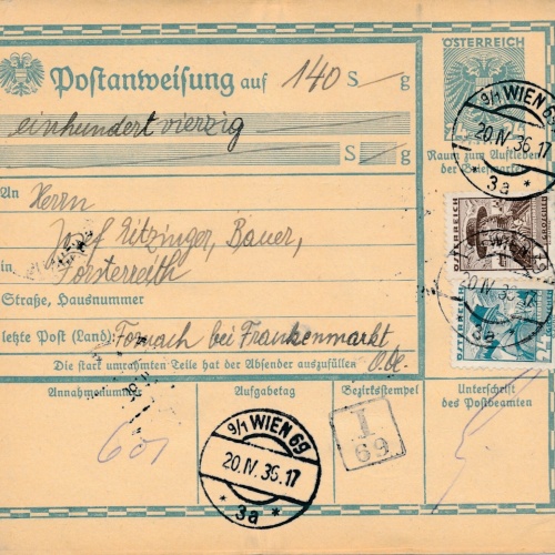 24 Gr. Postanweisung 1936 aus Wien nach Fornach + Trachten Marken (10423)
