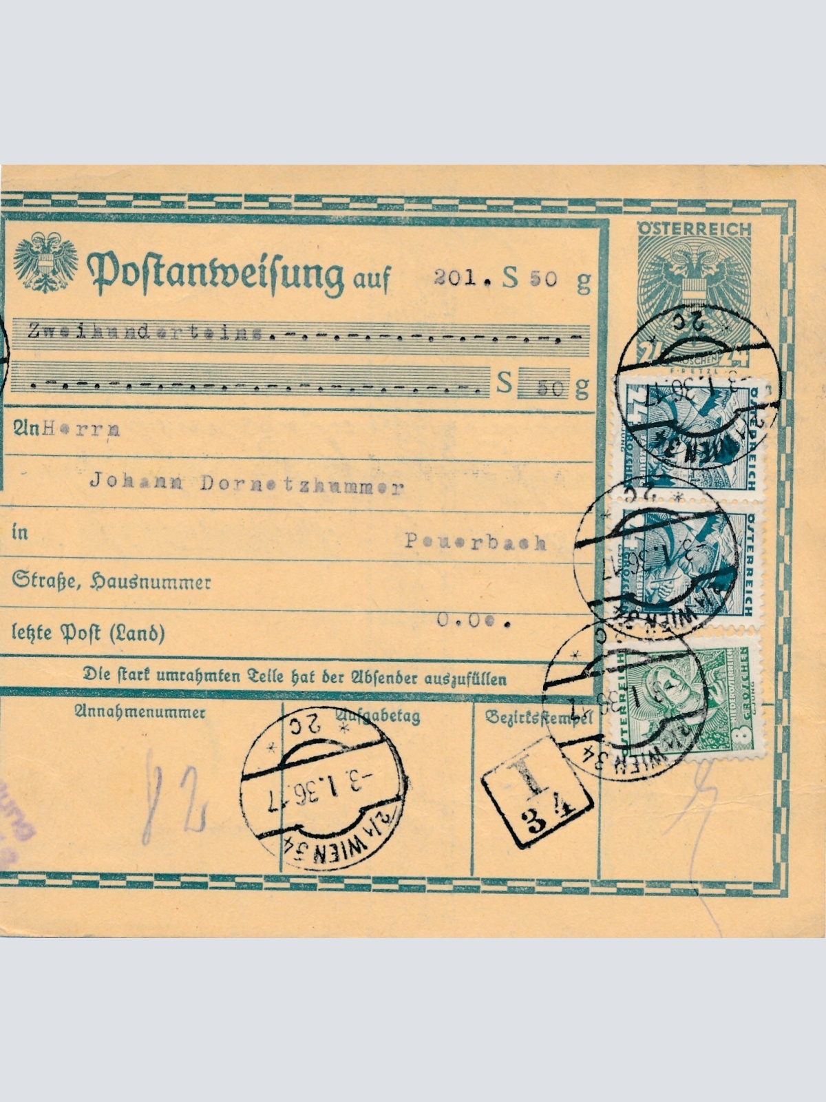 24 Gr. Postanweisung 1936 aus Wien nach Peuerbach + Trachten Marken (10430)