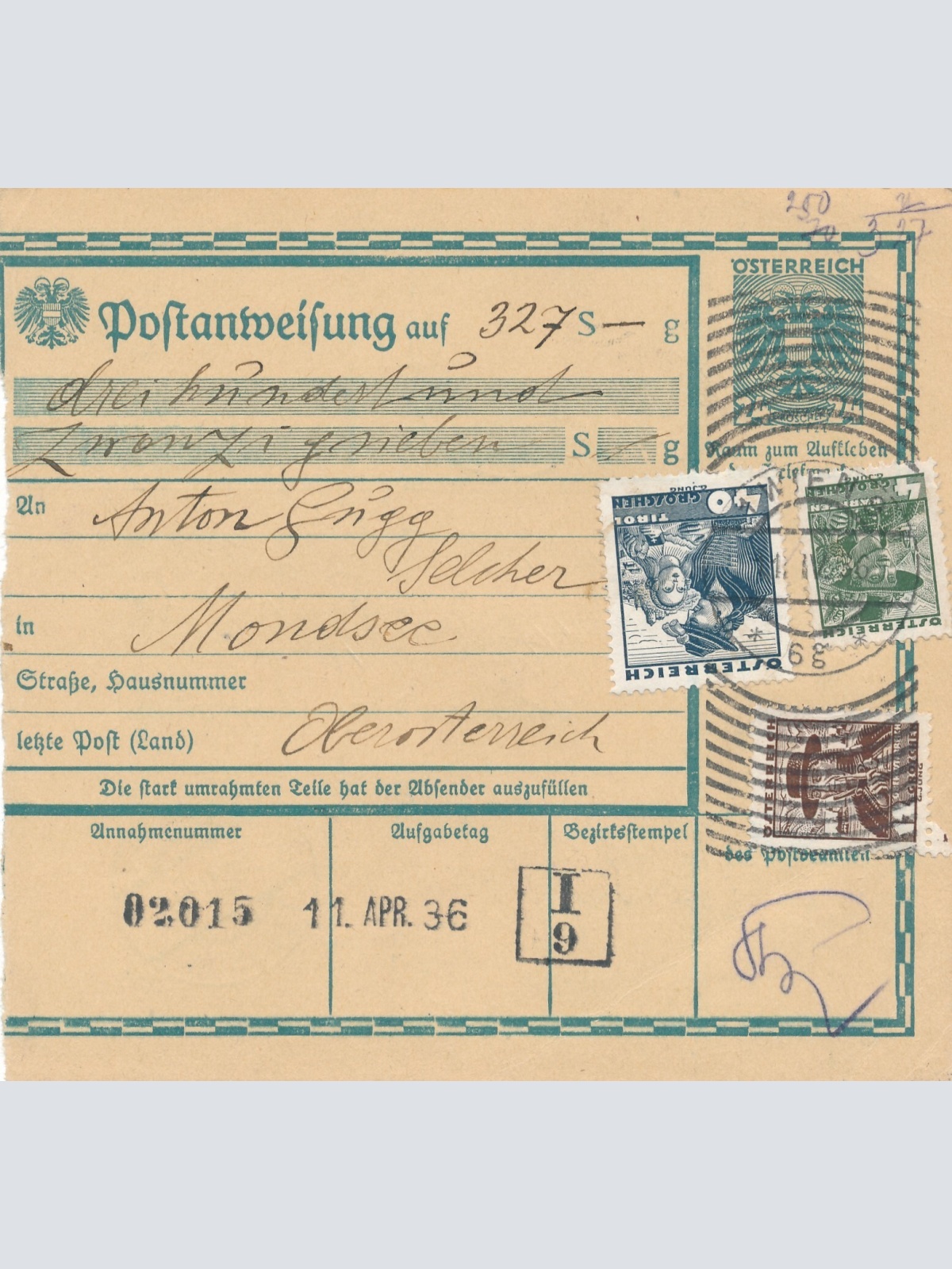 24 Gr. Postanweisung 1936 aus Wien nach Mondsee + Trachten Marken (10431)