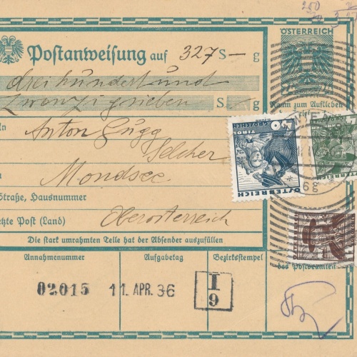 24 Gr. Postanweisung 1936 aus Wien nach Mondsee + Trachten Marken (10431)