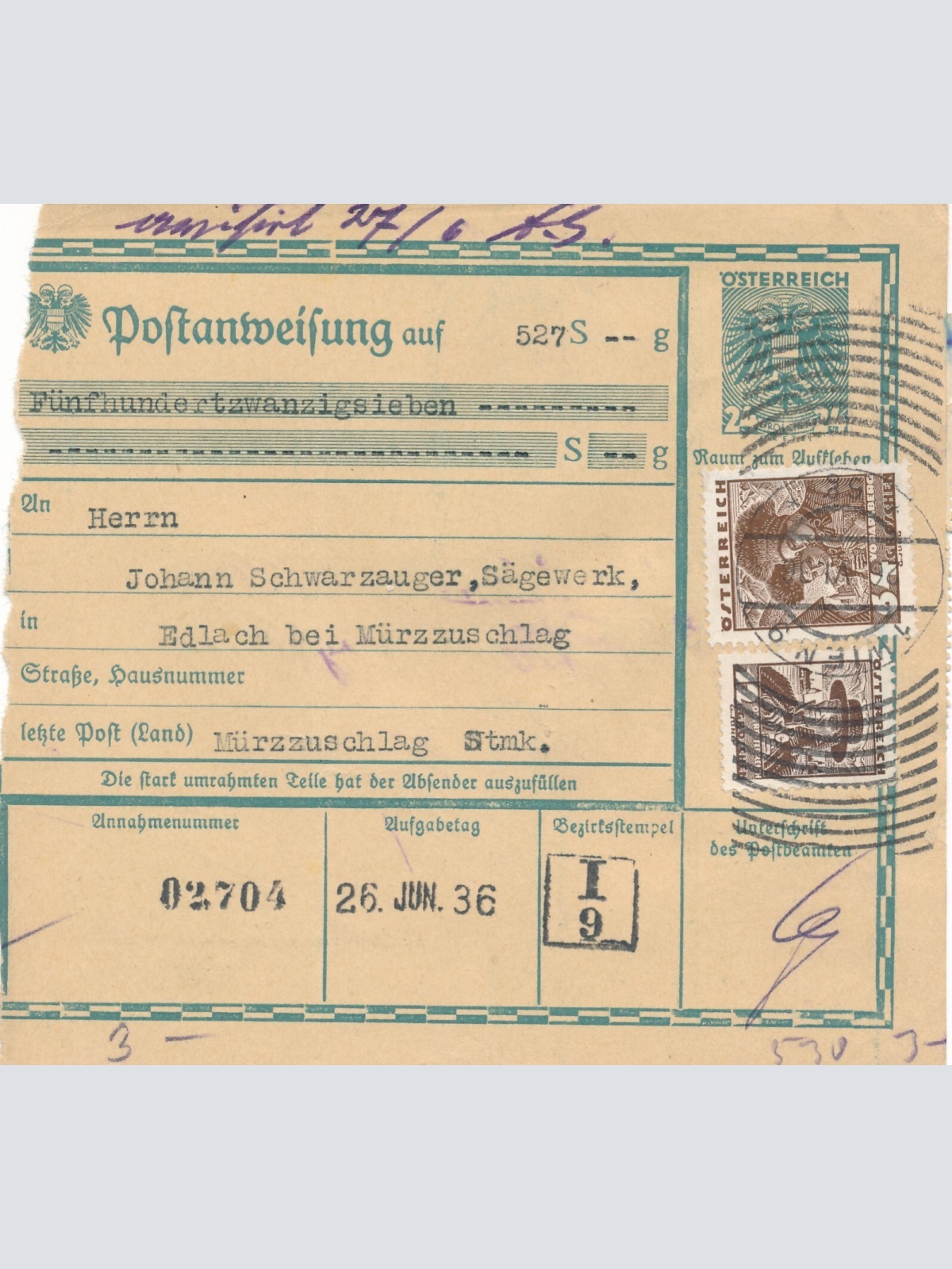 24 Gr. Postanweisung 1936 aus Wien nach Mürzzuschlag + Trachten Marken (10433)
