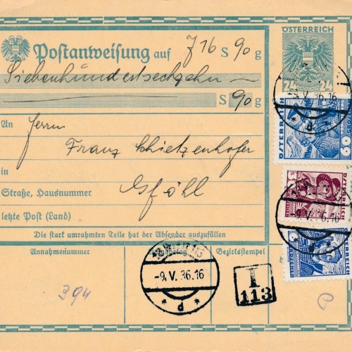 24 Gr. Postanweisung 1936 aus Wien nach Gföhl + Trachten Marken (10411)