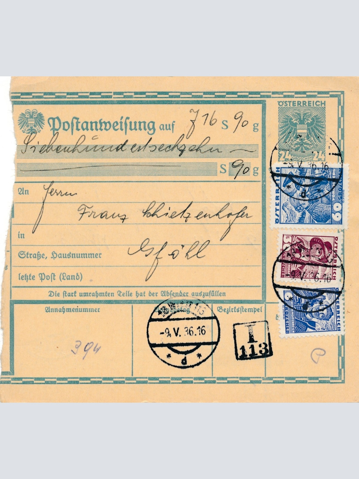 24 Gr. Postanweisung 1936 aus Wien nach Gföhl + Trachten Marken (10411)
