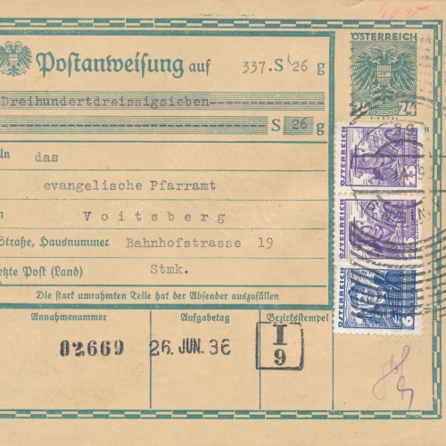 24 Gr. Postanweisung 1936 aus Wien nach Voitsberg + Trachten Marken (10410)