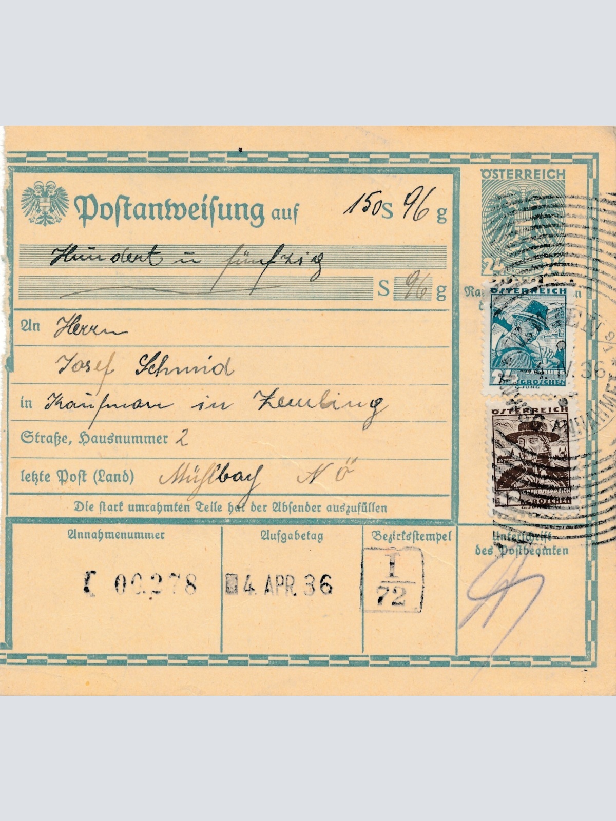 24 Gr. Postanweisung 1936 aus Wien nach Mühlbach + Trachten Marken (10393)