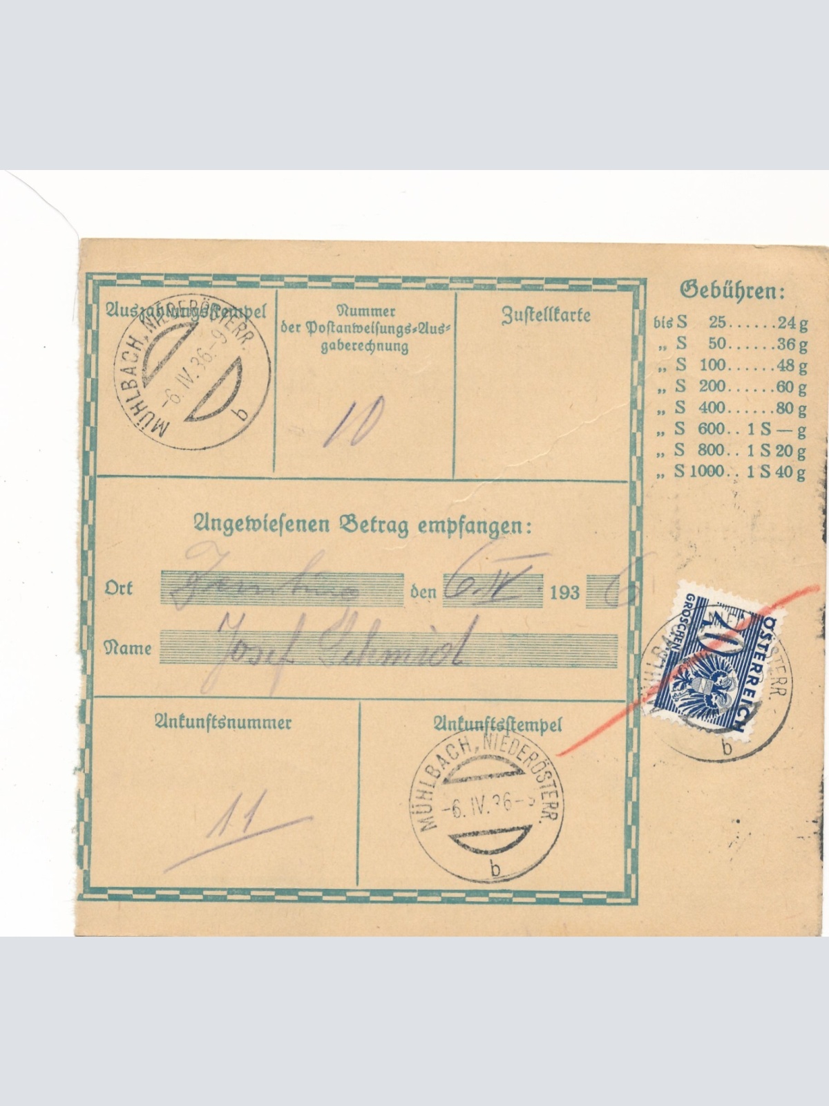 24 Gr. Postanweisung 1936 aus Wien nach Mühlbach + Trachten Marken (10393)