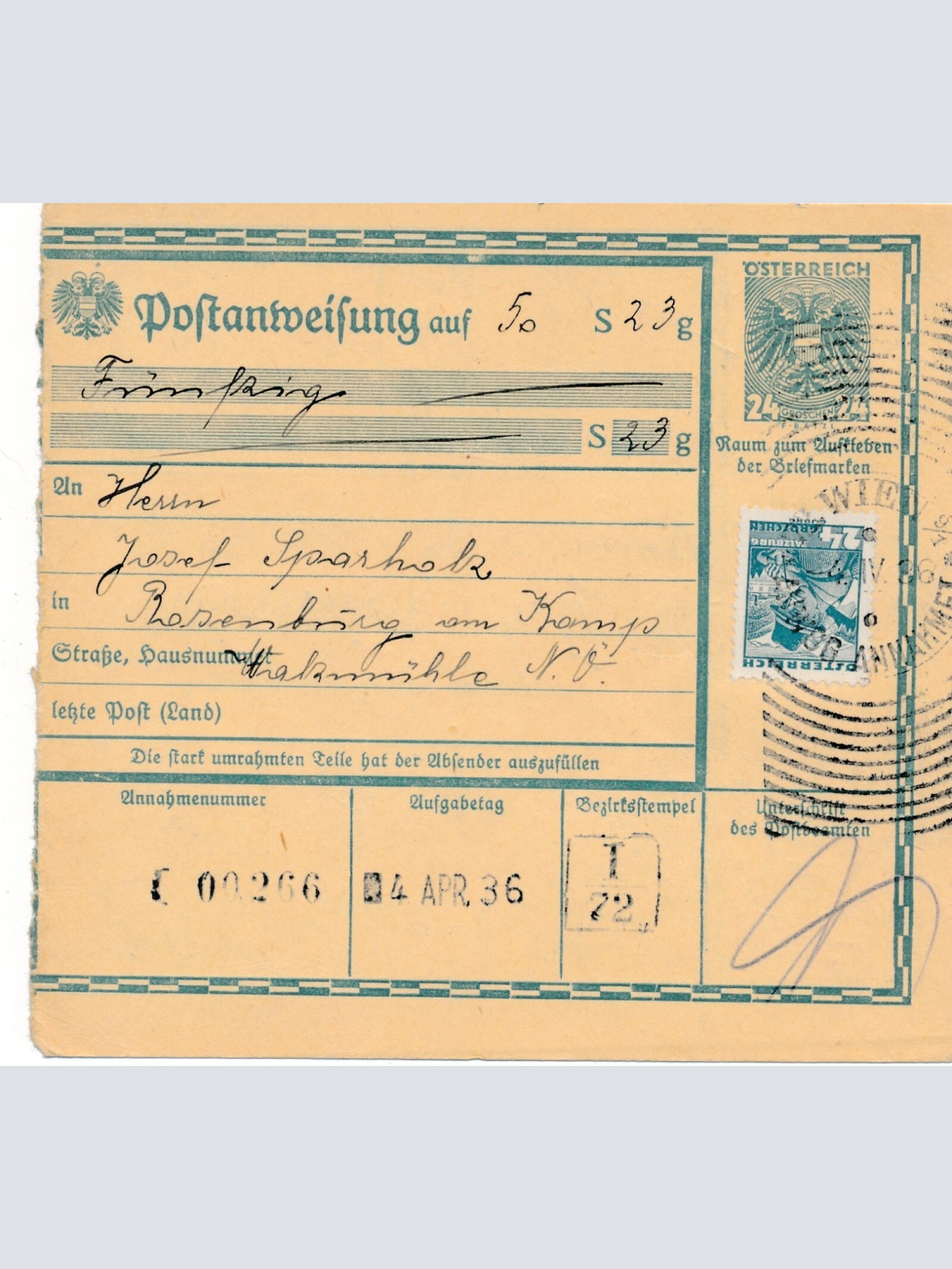 24 Gr. Postanweisung 1936 aus Wien nach Rosenburg + Trachten Marken (10395)