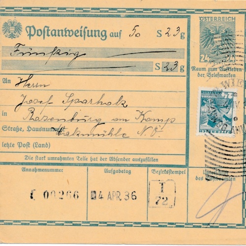 24 Gr. Postanweisung 1936 aus Wien nach Rosenburg + Trachten Marken (10395)