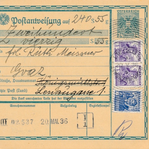 24 Gr. Postanweisung 1936 aus Wien nach Graz + Trachten Marken (10396)