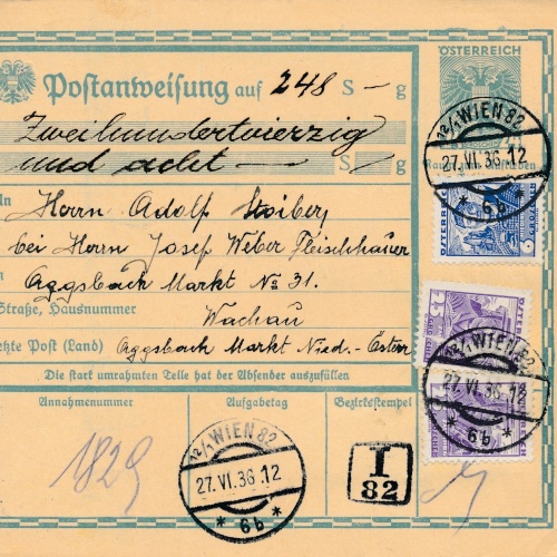 24 Gr. Postanweisung 1936 aus Wien nach Aggsbach + Trachten Marken (10399)