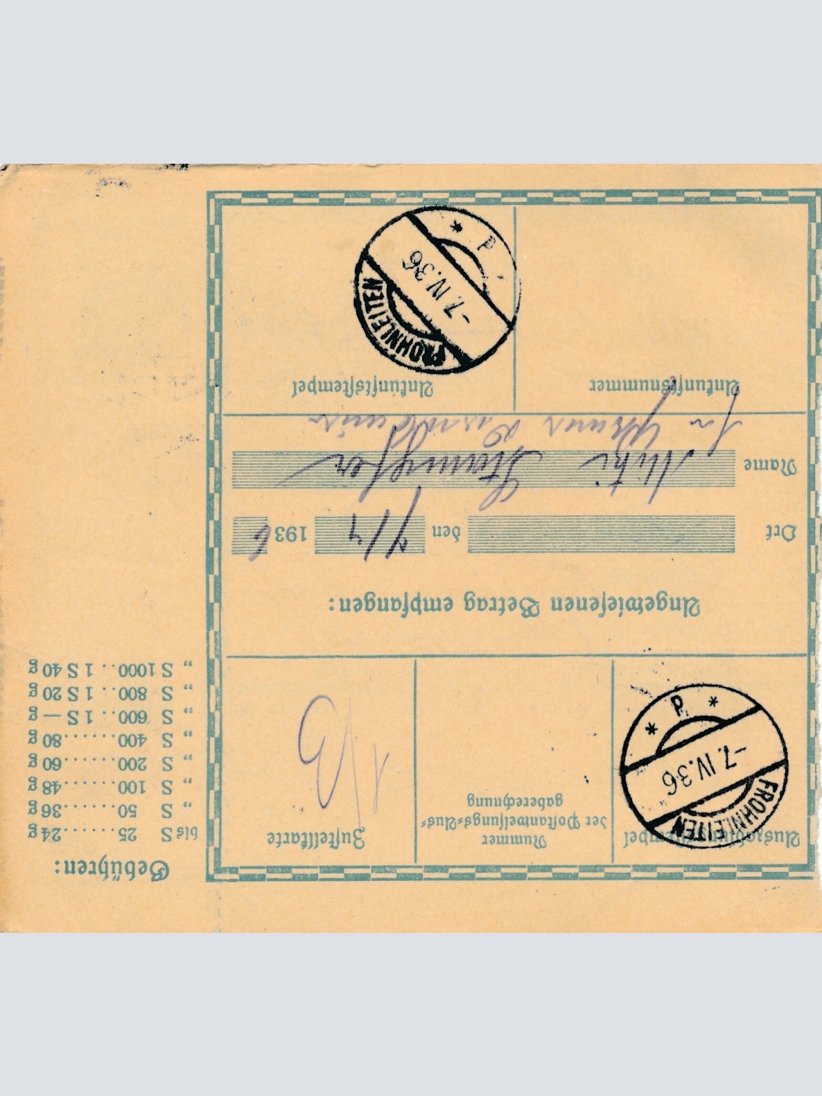 24 Gr. Postanweisung 1936 aus Wien nach Frohnleiten + Trachten Marken (10400)