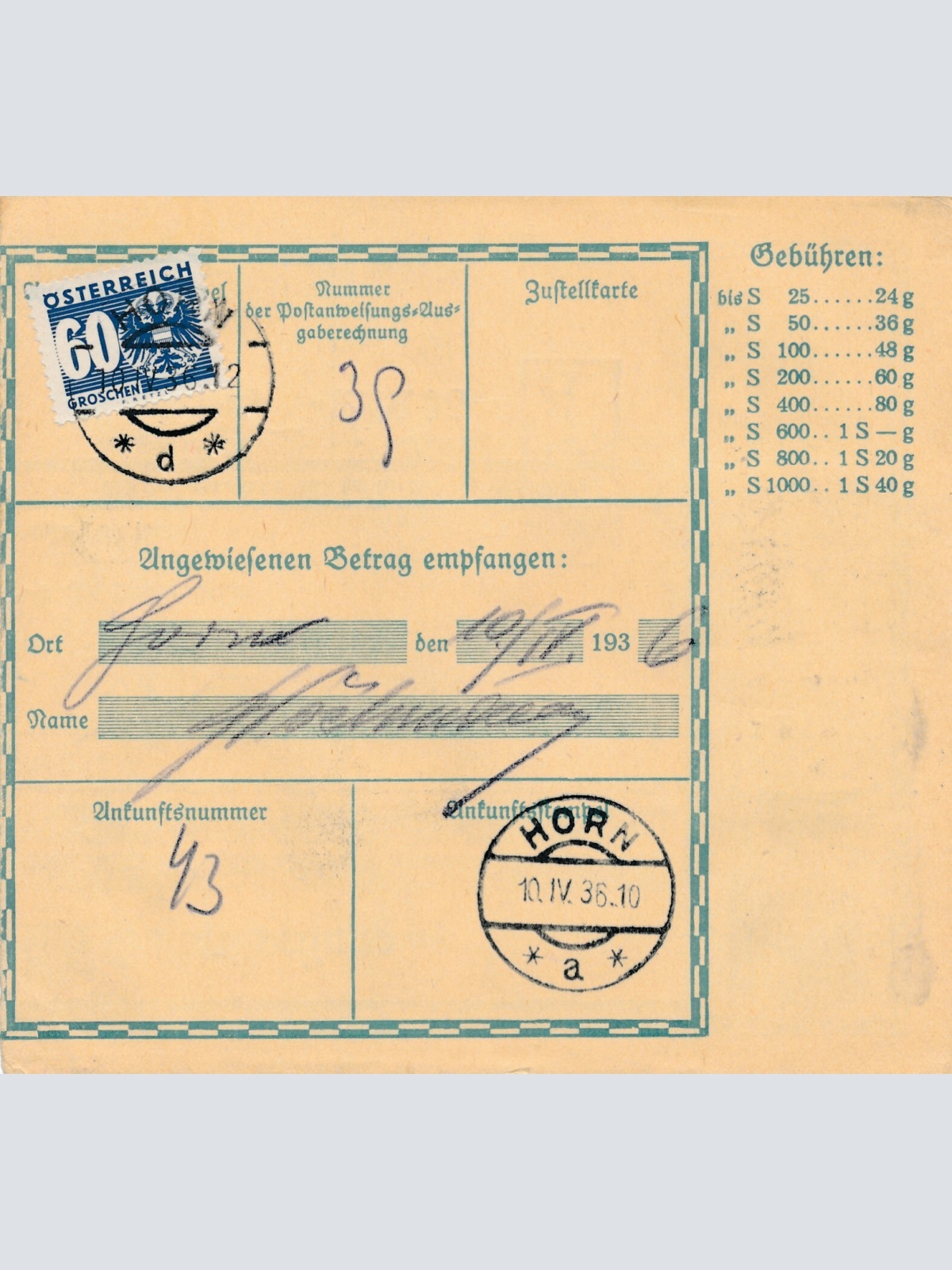 24 Gr. Postanweisung 1936 aus Wien nach Horn + Trachten Marken (10403)